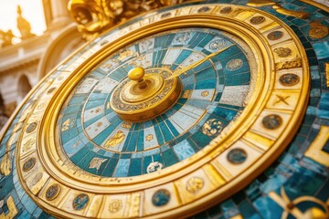 Obraz premium Close-up of an Ornate Clock Face with Gold Trim and Blue and White Tiles