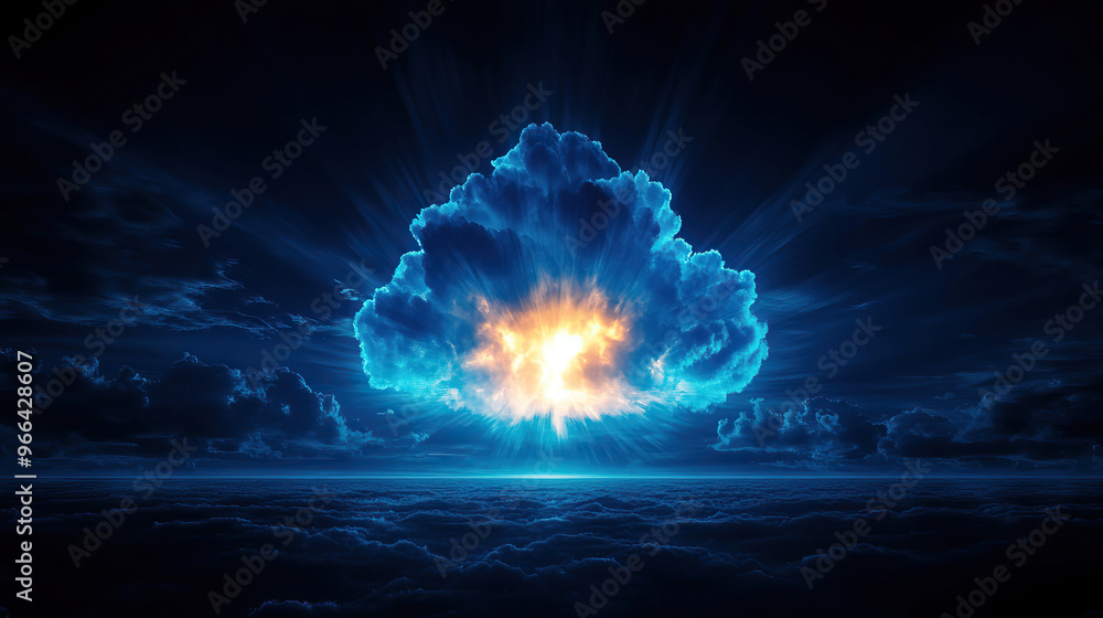 Poster a stunning light display from a powerful explosion within a dark, swirling cloud, creating a captiva