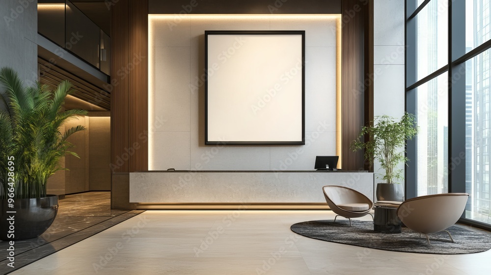 Poster sleek hotel lobby with minimalist lines with empty frame