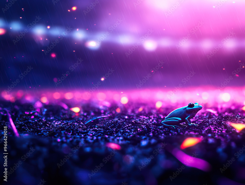 Poster a vibrant frog sits on a glittering surface illuminated by colorful lights, creating a magical and s