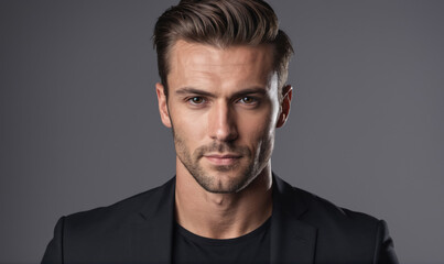 Obraz premium A man with short brown hair and a beard looks directly at the camera