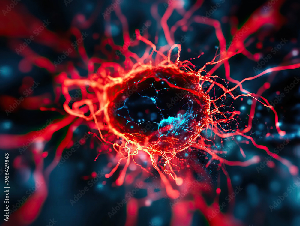 Poster abstract representation of a neuron with glowing red and blue fibers, showcasing a vibrant and dynam