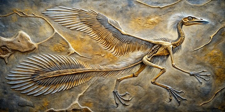 Fossilized remains of the ancient transitional dinosaur bird Archaeopteryx lithographica, showcasing feathery plumage and reptilian features, set against a dark grained stone background.