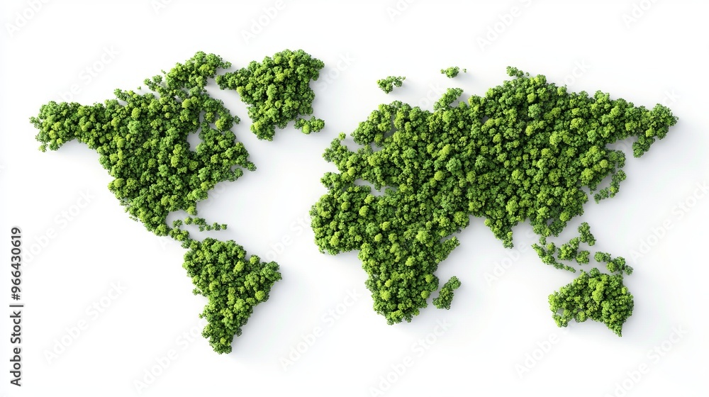 Poster world nature conservation day concept. green world map- 3d tree or forest shape of world map isolate