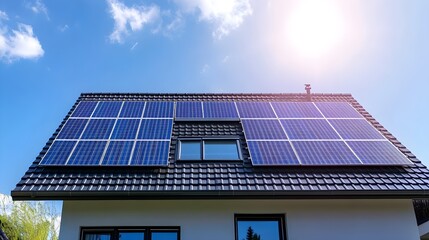 Naklejka premium Energy-saving modern house with solar panels and eco-conscious architecture