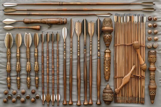 Collection of Ornate Wooden Arrows and Accessories - Powered by Adobe