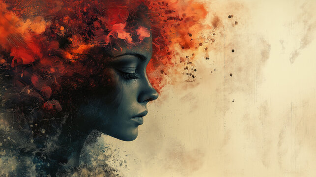 Woman with blue skin and red hair exploding from her head representing passion and creativity