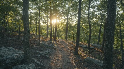 Fototapeta premium Sunlight filters through tree branches along a forest path surrounded by rocks and foliage