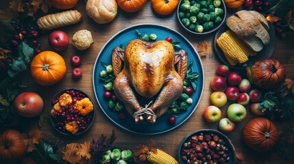 Thanksgiving Feast with Roasted Turkey and Traditional Side Dishes