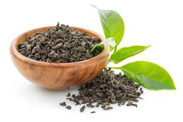Wooden bowl with dried and fresh black tea leaves on isolated white background. Generated AI