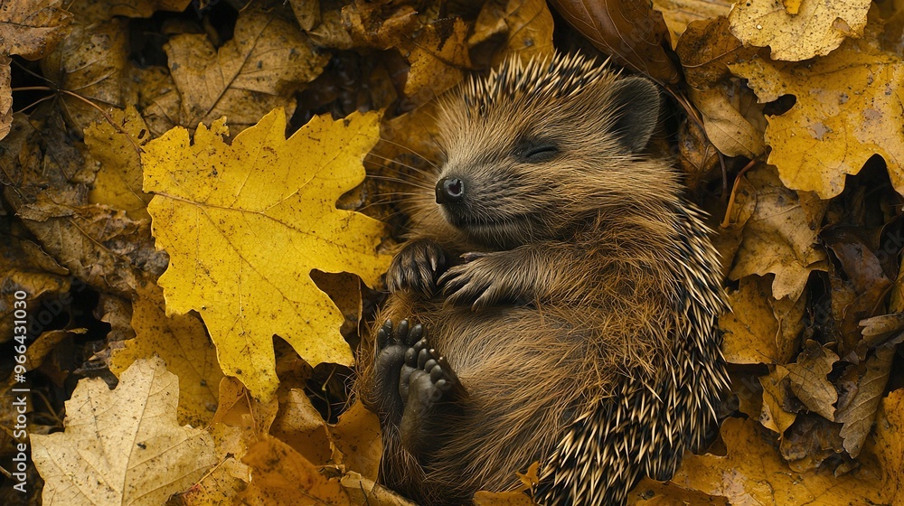 Sticker   Hedgehog perched atop yellow-brown leaf pile