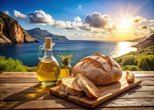 Freshly baked crusty bread and olive oil sit on a rustic wooden table overlooking the sun-kissed Mediterranean Sea on the picturesque island of Mallorca.
