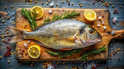Freshly caught golden dorada fish with juicy flesh and shimmering scales laid on a rustic wooden table, surrounded by seaweed and ocean spray.