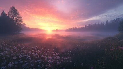Naklejka premium Sunrise over Foggy Meadow