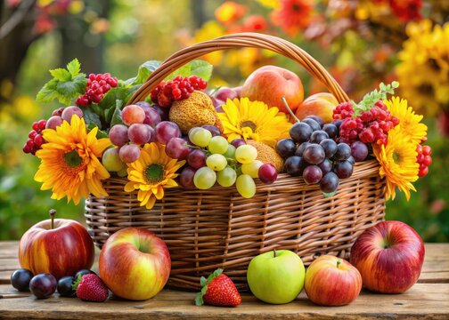 Freshly harvested seasonal produce, including juicy grapes, crisp apples, and vibrant flowers, arranged artfully in a wicker basket, symbolizing abundance and gratitude.