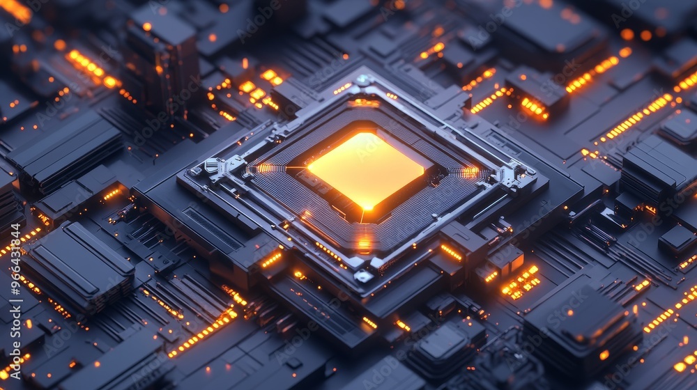 Poster a close-up view of a futuristic microprocessor surrounded by intricate circuitry and glowing element