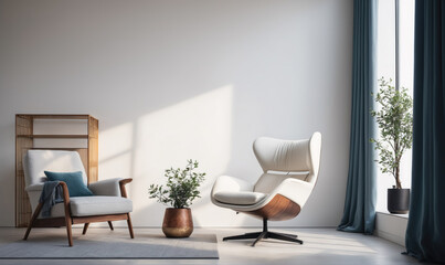 Two chairs sit in a modern living room with large windows and sunlight streaming in