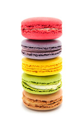 Sweet colorful varied assortment macarons cookies with filling isolated on a white background. Handmade traditional sweets. Clipping Path.