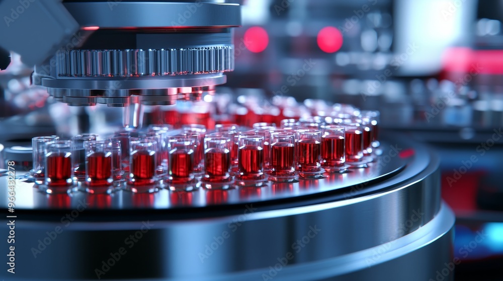 Aufkleber a close-up of a laboratory setup featuring a microscope and vials filled with red liquid, indicating