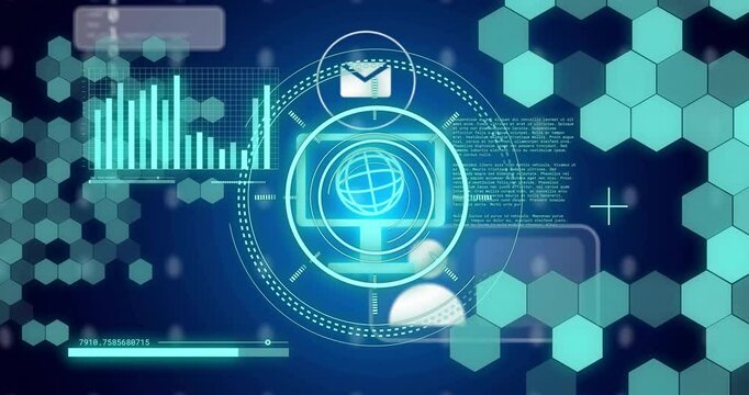 Animation of science data processing over computer icon and diagrams