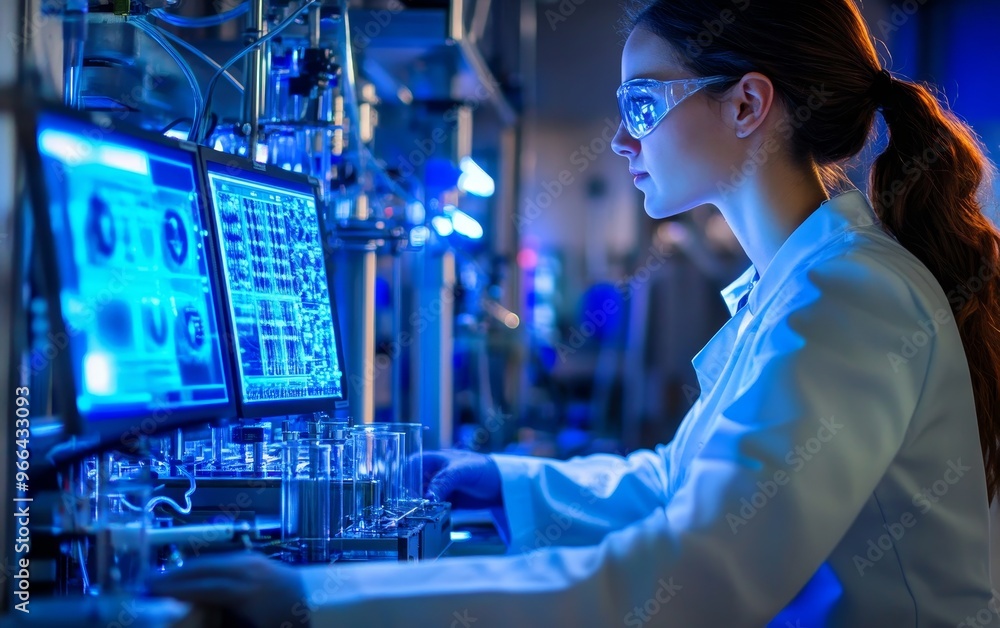 Poster a scientist in a lab coat analyzes data on computer screens while conducting experiments in a high-t