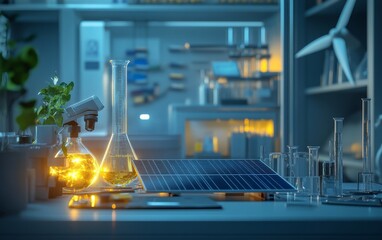A laboratory scene featuring scientific equipment, solar panels, and plant life, emphasizing renewable energy and research.
