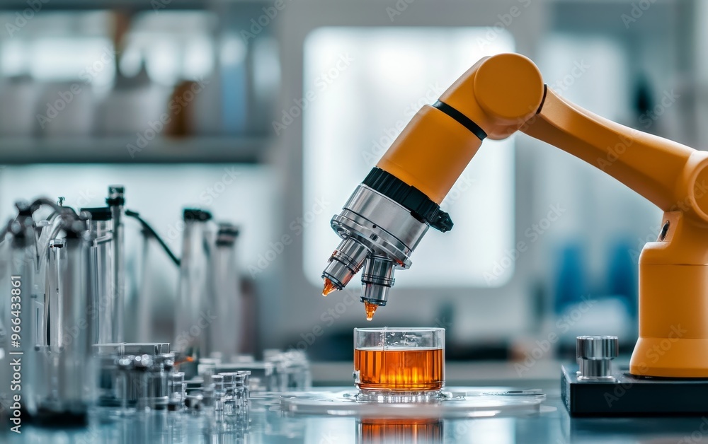 Poster a robotic arm conducts an experiment with a liquid sample in a laboratory setting.