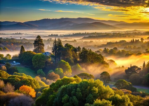 Golden light illuminates a serene Silicon Valley landscape at dawn, with misty Palo Alto hills and leafy trees surrounding a tranquil equinox morning scene. - Powered by Adobe