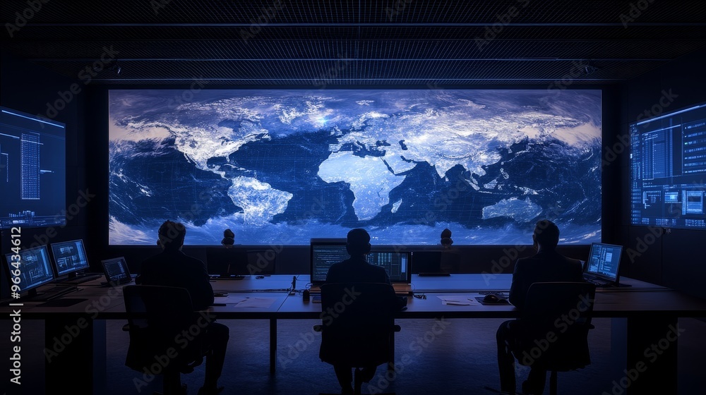 Poster a high-tech control room displays a global map, with operators monitoring data and systems for analy