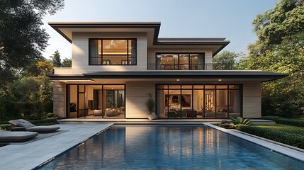 Fototapeta premium Modern two-story home with a swimming pool and lush landscaping.