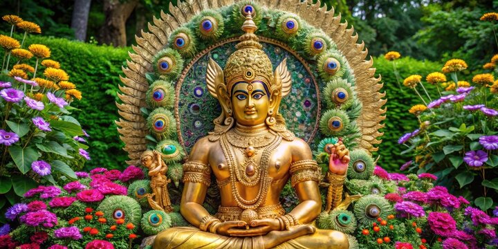 Golden statue of Hindu god Subramanya, also known as Kartikeya, sitting on a peacock, adorned with flowers and jewels, surrounded by lush greenery.