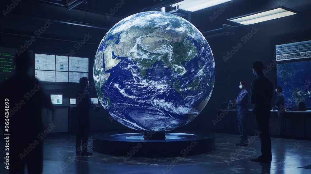 Poster a futuristic control room featuring a large globe display, with figures observing data and maps on s