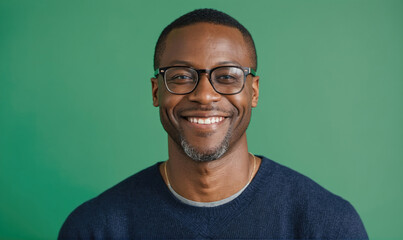Obraz premium A man wearing glasses smiles in front of a green background