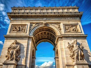 Obraz premium Grand stone arch monument in Paris, France, ornate with sculptures and reliefs, symbolizing military victories and national pride, under a warm blue sky.