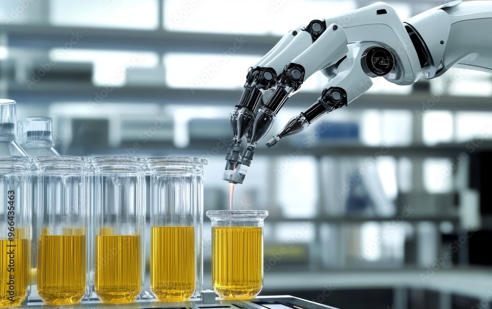 Poster a robotic arm is dispensing liquid into test tubes in a laboratory setting, showcasing automation in
