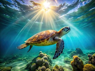Fototapeta premium Green Turtle Swimming In Clear Ocean Water With Coral Reef And Sunlight Streaming Down From The Surface