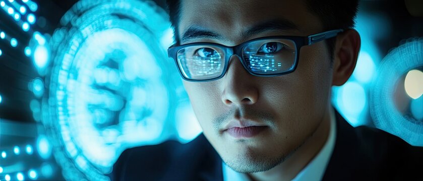 Asian cyber analyst with intense concentration on a secure network system in a modern tech environment
