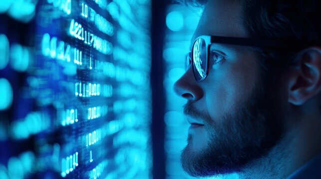 A person analyzes digital data on a glowing screen in a dark space