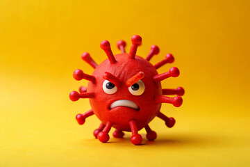 a crazy little red germ. Angry face, funny. plain yellow background