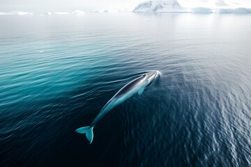 Naklejka premium Humpback wale Visible on the surface of the ocean water as it rises to the surface to catch air and descends back to the ocean floor in the polar zone. Endangered species in extinction climate change.