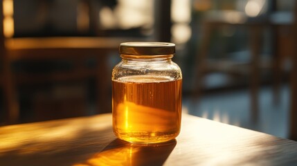 Golden Honey Jar on a Wooden Table