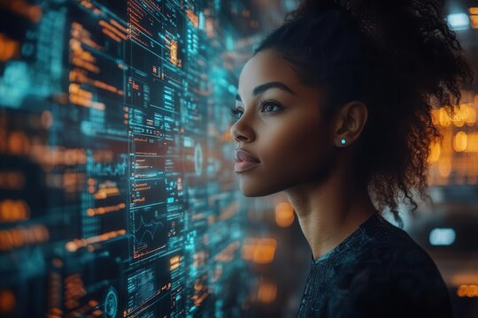 futuristic cybersecurity command center african american woman analyst monitoring holographic threat displays surrounded by data streams and ai visualizations - Powered by Adobe