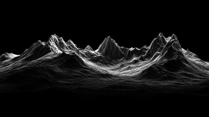 High contrast black and white image of rugged mountain range with dramatic shadows and highlights on a solid black background