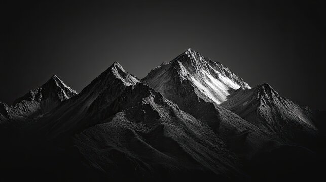 High contrast black and white image of rugged mountain range with dramatic shadows and highlights on a solid black background