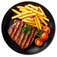 Succulent grilled steak served with crispy fries and fresh tomatoes on a black plate, perfect for food lovers and culinary enthusiasts. transparent background