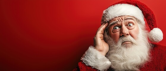 Santa Claus with a crying expression against a red backdrop