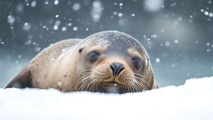 Obraz premium Close-up portrait of snowy Arctic seal resting on snow. Endangered species due to climate change. AI