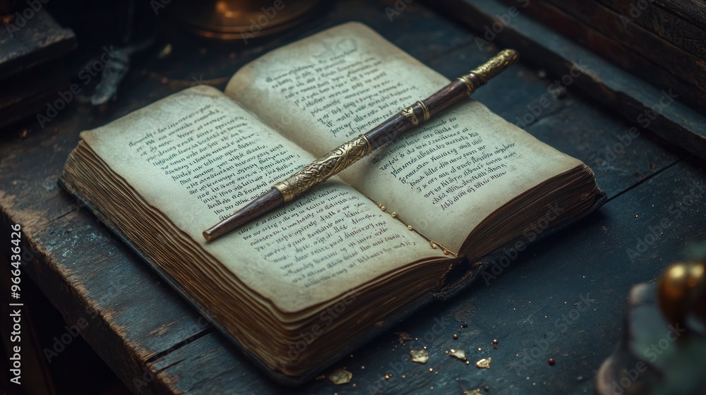Poster an open book with handwritten text and a decorative pen resting on its pages.
