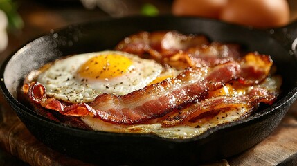   An iron skillet with eggs and bacon on a wooden board