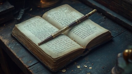 Obraz premium An open book with handwritten text and a decorative pen resting on its pages.